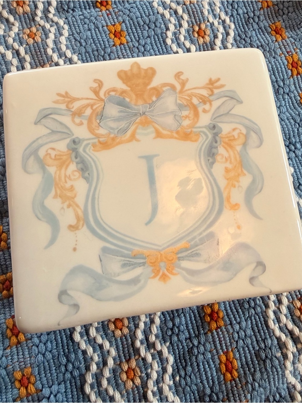 Monogram 'J' Decorative Ceramic Tile in Pale Blue and Gold